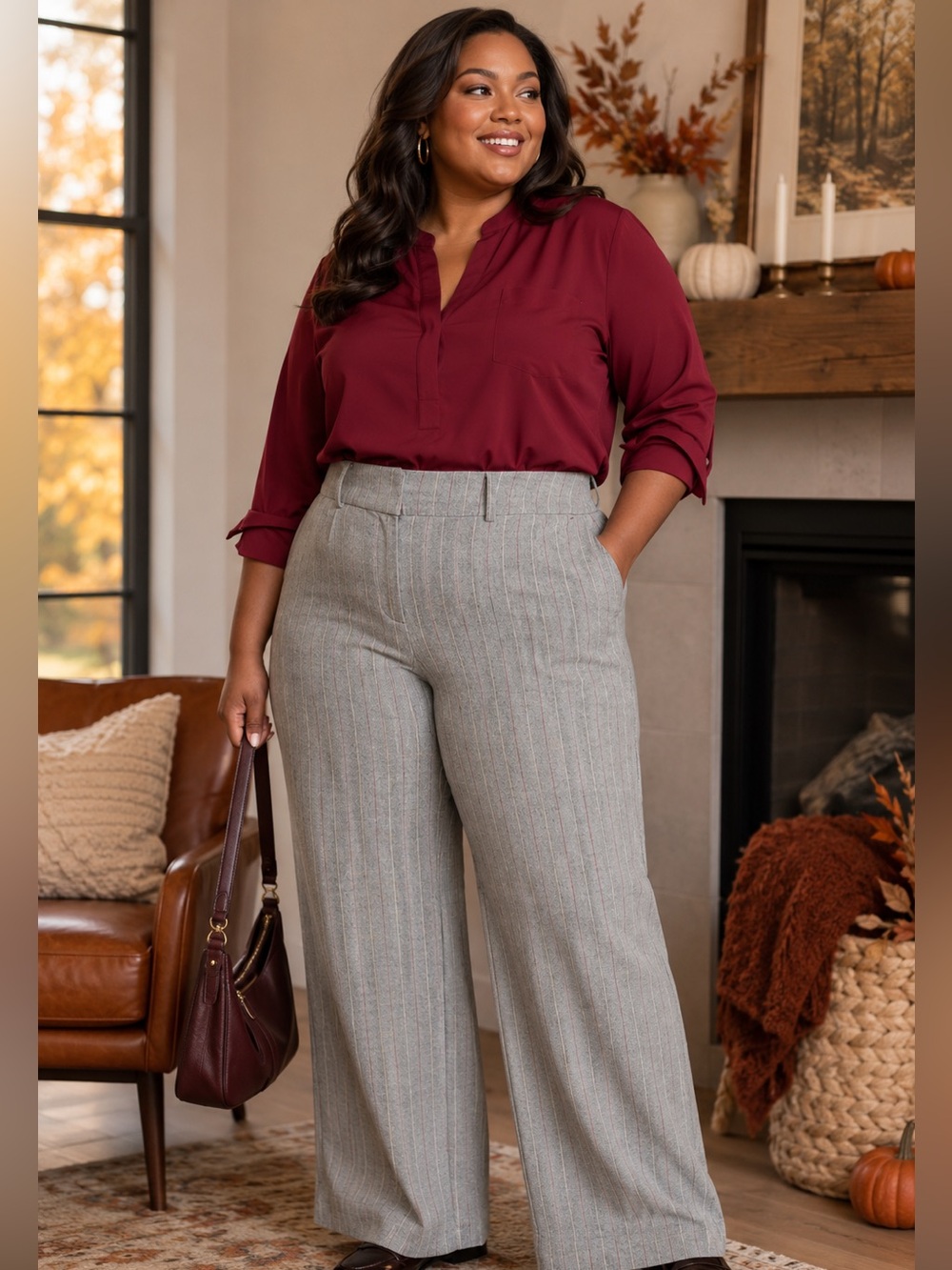 Lane Bryant Gray Pinstripe The Perfect Drape Wide Leg Pants High Rise 22P NWT